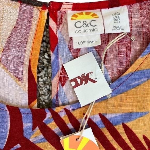 NWT C&C California 100% Linen Shift Dress Red w Tropical Print Beach Summer Sz S - Picture 10 of 16